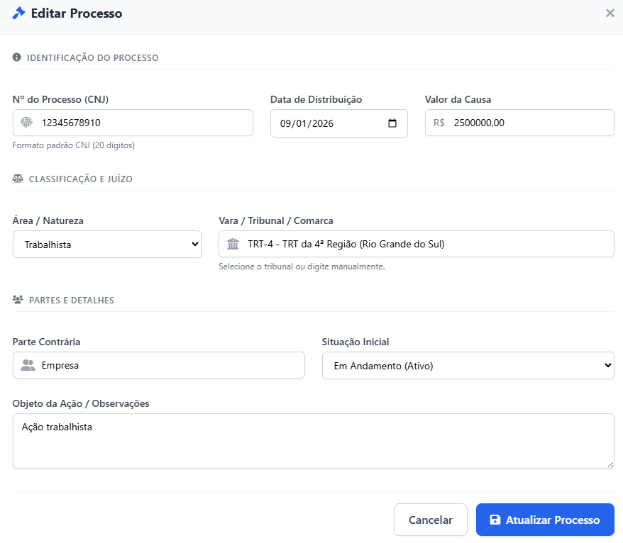 Cadastro de Processo no Admin